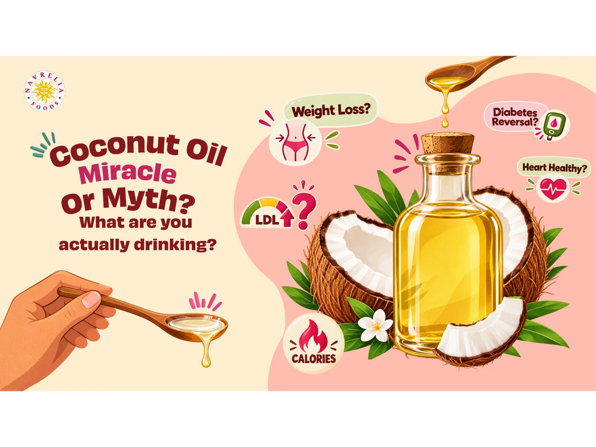 Navrelia Foods blog banner exploring coconut oil for weight loss, featuring a coconut oil bottle, fresh coconuts, oil-filled spoons, and illustrations questioning claims about diabetes reversal, cholesterol, and heart health.