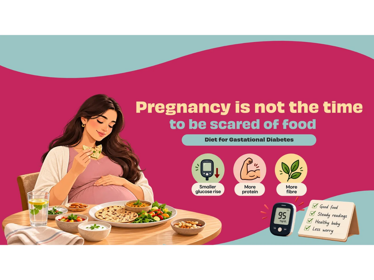 Pregnant woman enjoying a balanced meal with visuals highlighting smaller glucose rise, more protein, more fibre, and healthy blood sugar management for gestational diabetes.