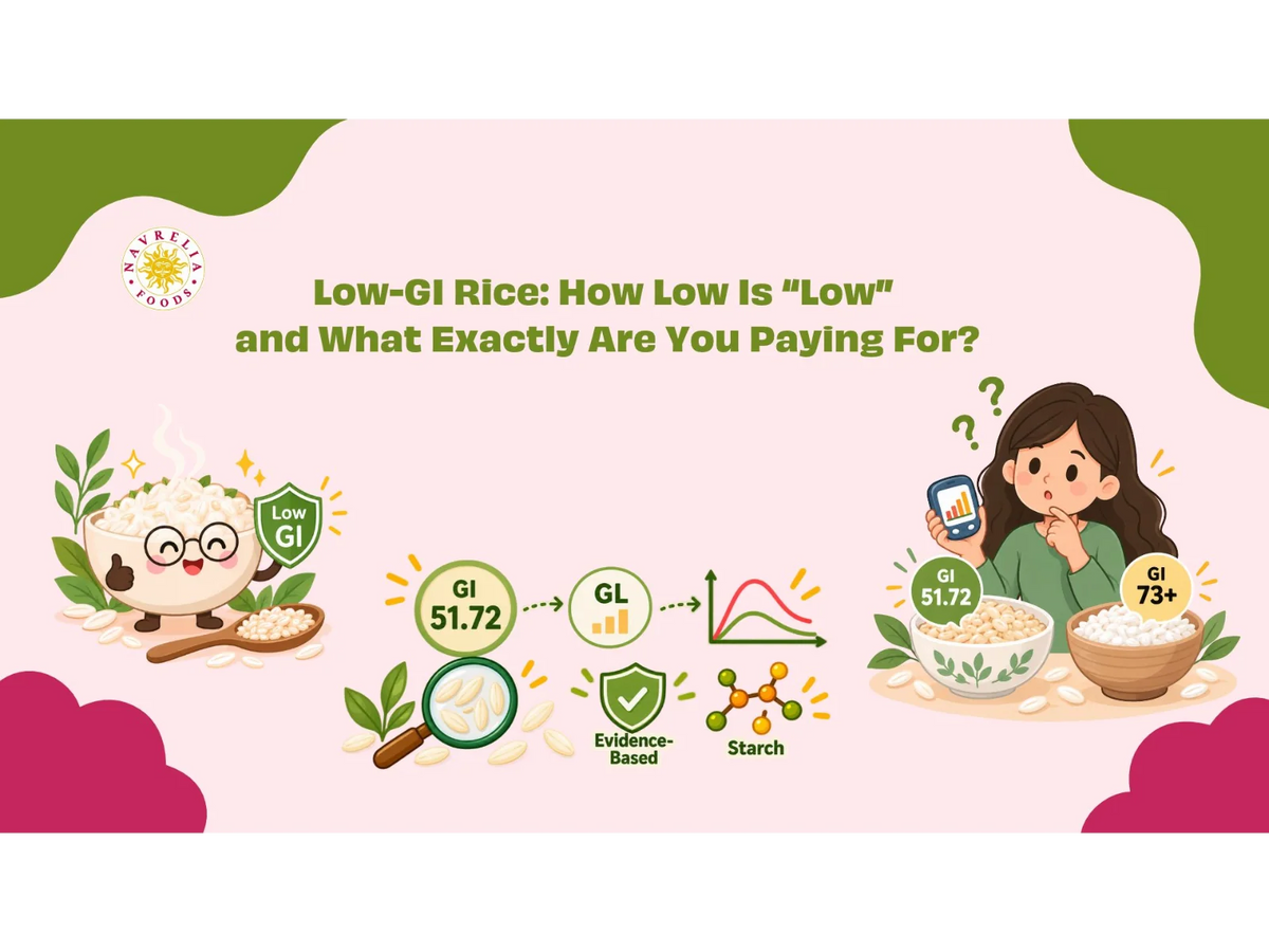 Illustrated Navrelia Foods blog banner comparing low-GI rice, showing GI 51.72 versus GI 73+, glycemic load, blood sugar response, starch, and evidence-based nutrition concepts.