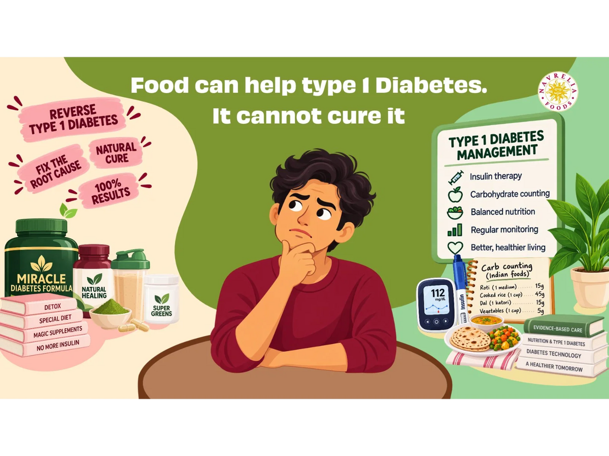 Illustration of a man comparing false Type 1 diabetes cure claims with evidence-based care, highlighting insulin therapy, carbohydrate counting, balanced nutrition, and regular monitoring for effective blood sugar management.