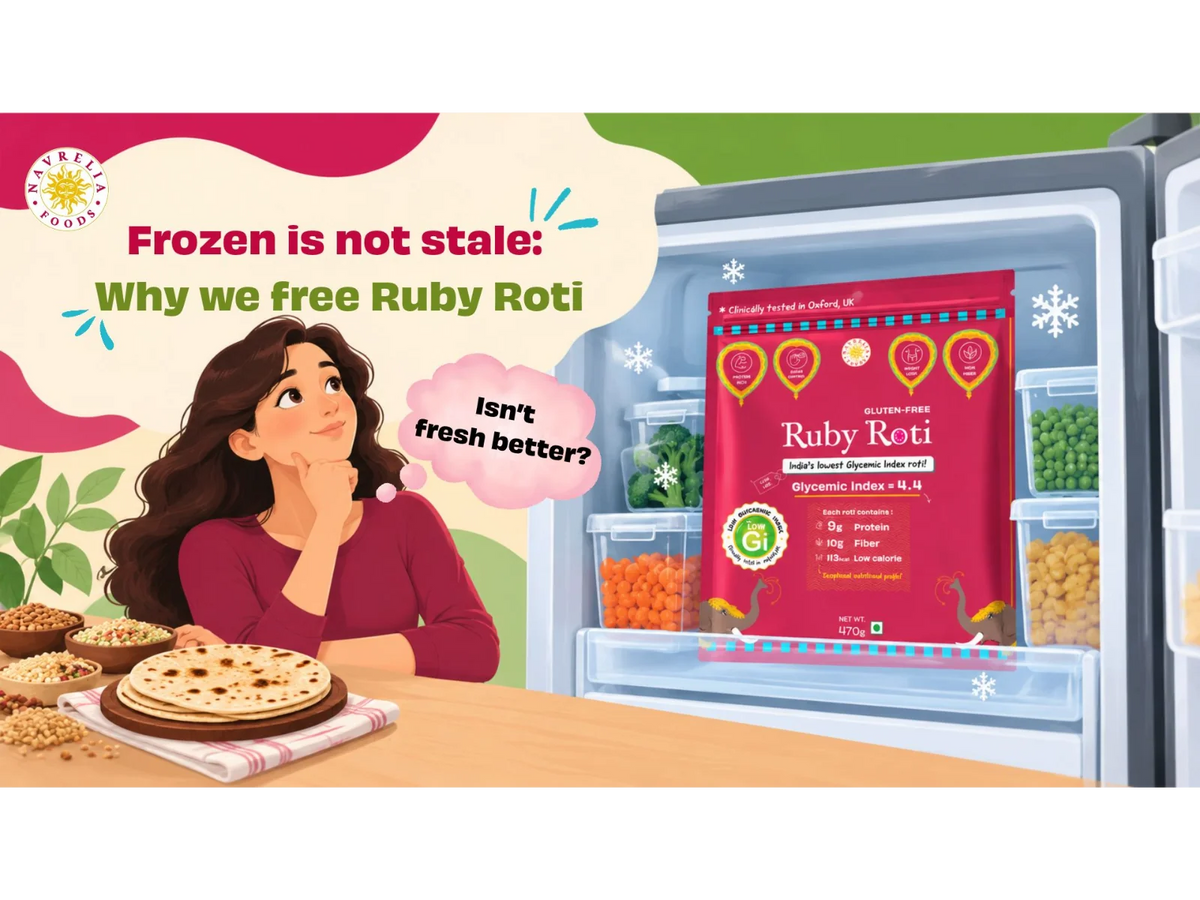 Navrelia Ruby Roti frozen food packaging inside a freezer, highlighting the benefits of frozen roti, freshness, nutrition, and low glycemic index, with a woman questioning whether fresh roti is better.
