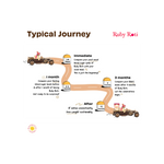 An infographic titled 'Typical Journey' with the subtitle 'Ruby Roti' shows a stylized winding road with labeled stages: '1 week', '1 month', '3 months', and 'After'. Each stage includes small illustrations of a person in a car, a scale, and jars, with explanatory text about comparing fasting blood sugar, post-meal blood sugar, HbA1C, and weight loss over time.