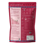 Back of the Ruby Roti Easy Mix 1 kg pack showing cooking instructions, nutrition information, ingredients, glycemic index comparison, and product details.