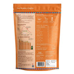 Back of the Navrelia Foods Pearl Upma Mix 1 kg pack showing cooking instructions, nutrition facts, ingredients, blood sugar response chart, GI comparison, and product information.