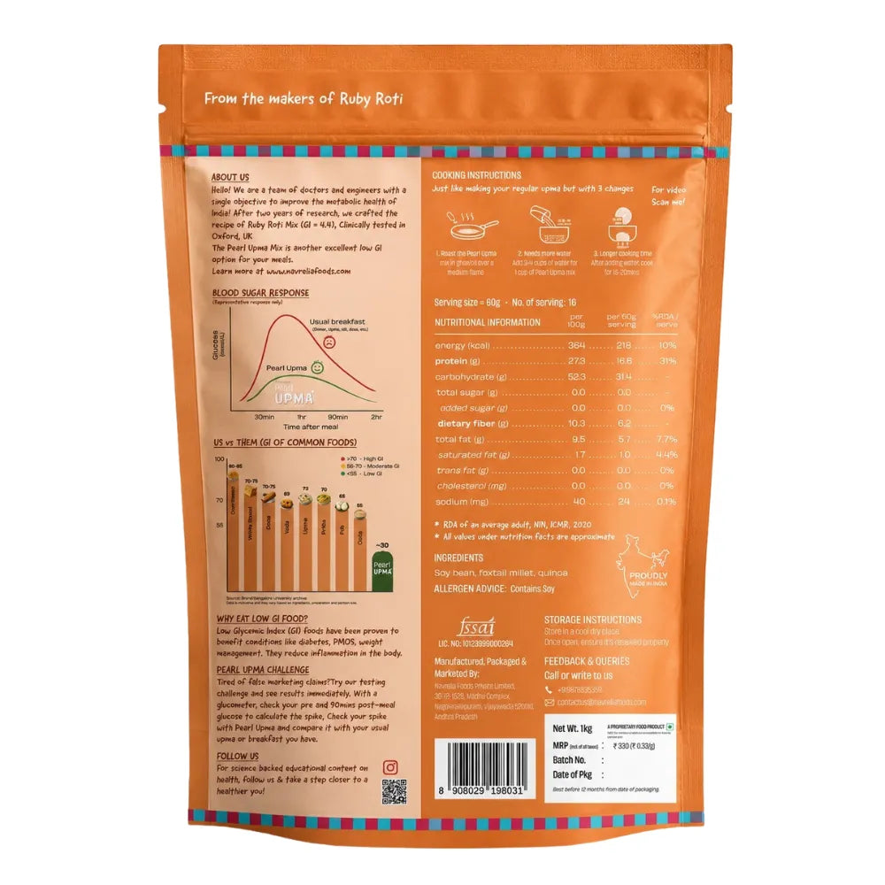 Back of the Navrelia Foods Pearl Upma Mix 1 kg pack showing cooking instructions, nutrition facts, ingredients, blood sugar response chart, GI comparison, and product information.