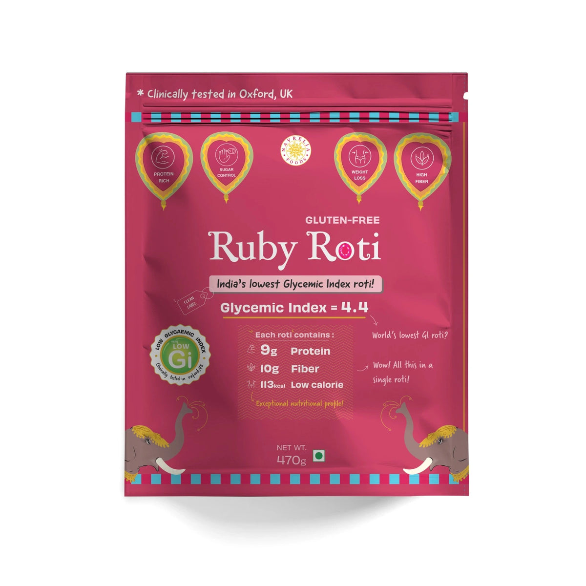 Ruby Roti gluten-free packaging featuring a low glycemic index of 4.4, high protein and fibre, making it a contender for the best roti for diabetics. Navrelia Foods Ruby Roti gluten free multi grain atta in a pink resealable pack, featuring a low glycemic index of 4.4, 9g protein, and 10g fiber per roti.