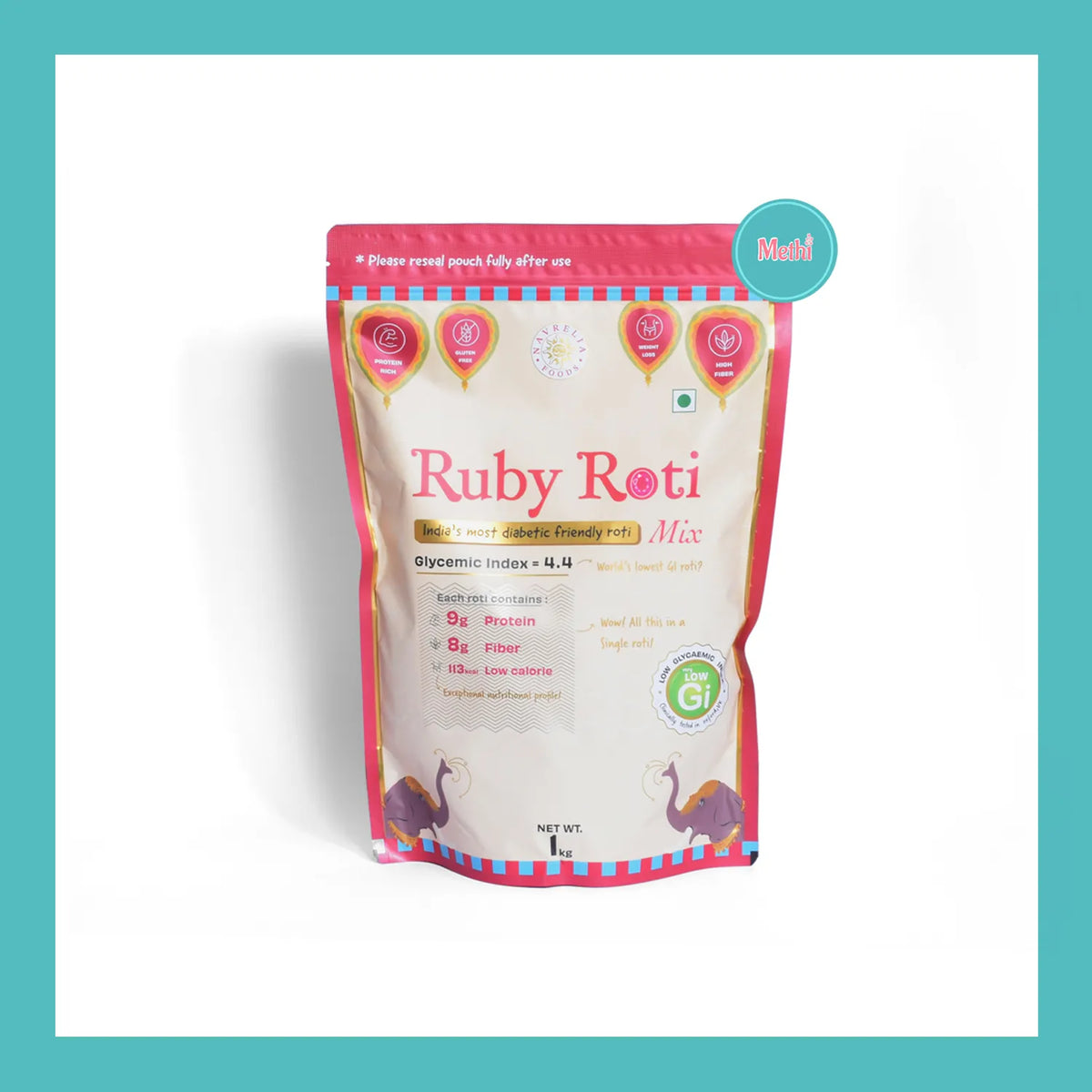 Ruby Roti Methi Mix 1 kg pack by Navrelia Foods, a low-GI 4.4, high-protein, high-fiber roti mix designed for diabetic-friendly meals.