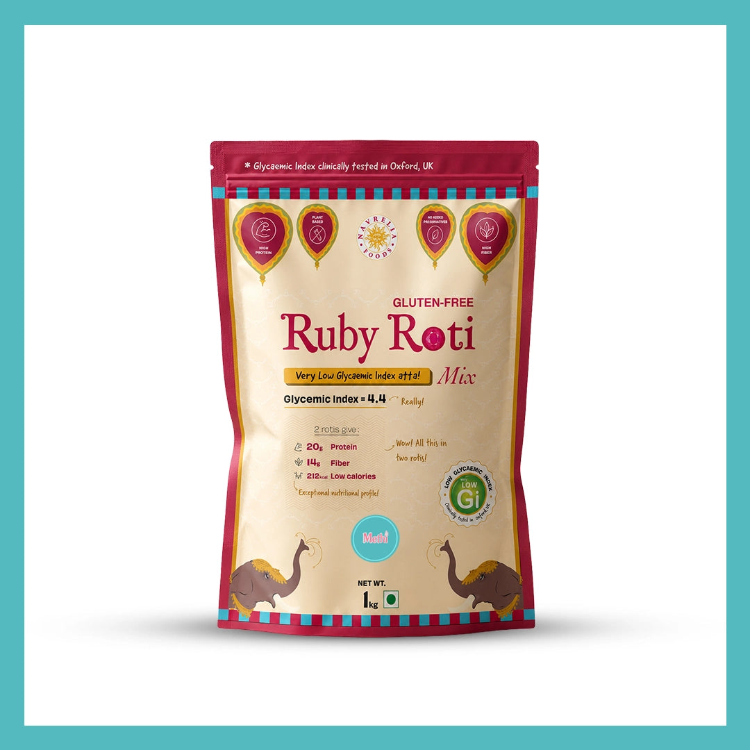 Navrelia Ruby Roti Mix low glycemic index flour in a 1 kg gluten-free pack, with a glycemic index of 4.4, high protein, high fibre, low calories, and a Methi variant label.